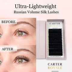 Carter Royal Russian Volume Silk Individual 16 Pairs Eyelash Extensions Volume Curl Natural Look False Eyelashes Fluppy Styles Lashes Easy to Stick For Daily Use And Party Lashes - D-0.15